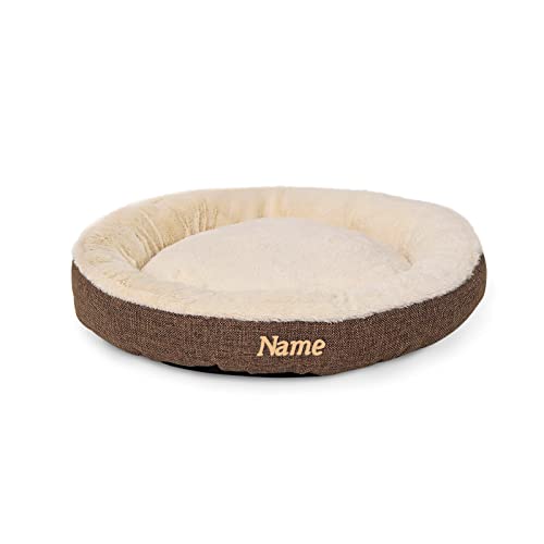 lionto Hundekörbchen rund in Donut-Form, Ø 65 cm, Heimtierkissen für Hunde & Katzen mit waschbarem Bezug & Anti-Rutsch-Noppen, kuscheliges Hundebett aus Oxford-Leinen & Plüsch, braun (Namensaufdruck) von lionto