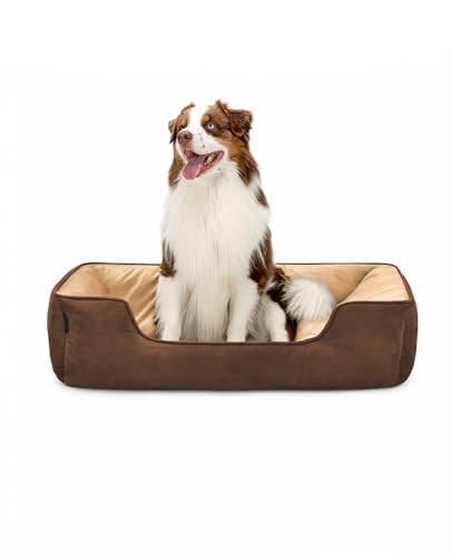 lionto Hundebett 2-in-1 mit komfortablem Einstieg, kuscheliges Heimtierbett zum Wenden für Hunde und Katzen, 110x80 cm, Hundekissen in pflegeleichter Wildlederoptik, braun/beige von lionto