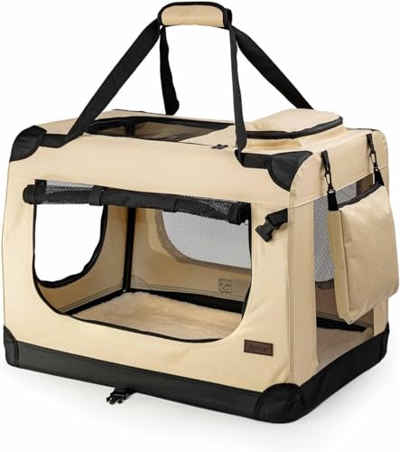 lionto Hundetransportbox faltbar für Reise & Auto, 70x52x50 cm, stabile Transportbox mit Tragegriffen & Decke für Katzen & Hunde bis 15 kg, robuste Hundebox aus Stoff für klein & groß, beige von lionto