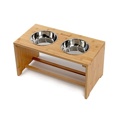 lionto erhöhter Hundenapf aus robustem & pflegeleichtem Bambus, 50x26x26 cm, doppelter Futternapf für Hunde & Katzen, 2 Edelstahlnäpfe Ø 18 cm & je 1,2 L Fassungsvermögen, rutschfest & gelenkschonend von lionto