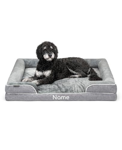 lionto orthopädisches Hundebett + erhöhter Rand, 106x80x17 cm, Hundekissen robust mit weichem Flanell, Bezug abnehmbar & waschbar, rutschfest, für kleine & große Hunde + Katzen, grau (Namensaufdruck) von lionto
