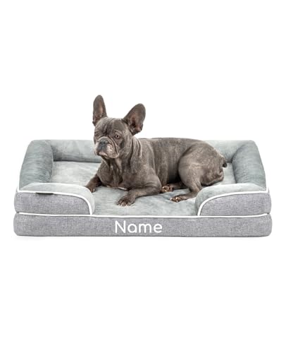 lionto orthopädisches Hundebett + erhöhter Rand, 89x63x17 cm, Hundekissen robust mit weichem Flanell, Bezug abnehmbar & waschbar, rutschfest, für kleine & große Hunde + Katzen, grau (Namensaufdruck) von lionto