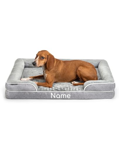 lionto orthopädisches Hundebett + erhöhter Rand, 97x71x17 cm, Hundekissen robust mit weichem Flanell, Bezug abnehmbar & waschbar, rutschfest, für kleine & große Hunde + Katzen, grau (Namensaufdruck) von lionto