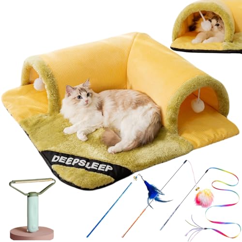 lloYvette Katzentunnelbett für Indoor-Katzen, abnehmbarer Haustier-Spieltunnel, Katzenhöhle mit Bett, waschbares Kätzchenbett. Extras beinhaltet: 5 x Katzenspielzeug und 1 x Haarschaber. Tolles von lloYvette