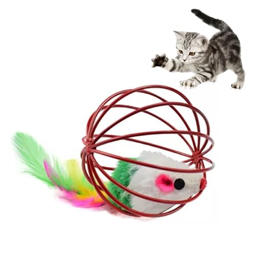 lmoikesz Interaktives Katzen-Mäuse-Spielzeug mit Federschwanz, Plüsch-Maus, Spielzeug mit sanftem Knistergeräusch, leichtes Kätzchen-Spielzeug für Indoor-Jagdspiele (1 Mäuse mit Käfig) von lmoikesz