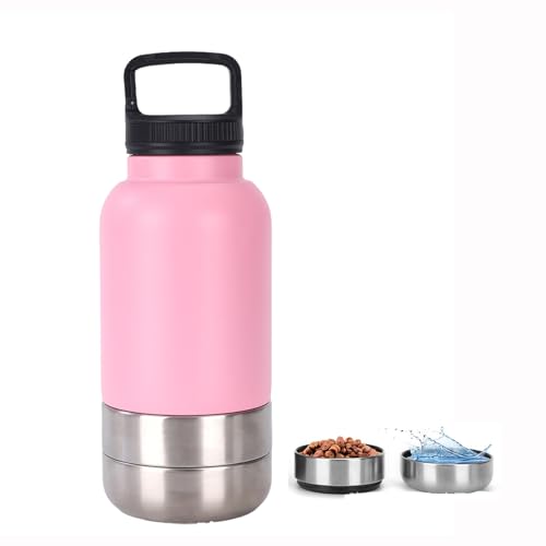 lmoikesz Reise-Hundetrinkflasche Napf, 3-in-1 Edelstahl tragbarer Hundenapf für Wanderungen Camping, 3-schichtiger Abnehmbarer auslaufsicherer Wasserspendernapf mit Tragegriff (Rose, 32oz) von lmoikesz
