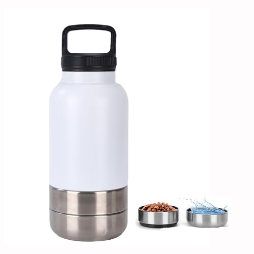 lmoikesz Reise-Hundetrinkflasche Napf, 3-in-1 Edelstahl tragbarer Hundenapf für Wanderungen Camping, 3-schichtiger Abnehmbarer auslaufsicherer Wasserspendernapf mit Tragegriff (Weiß#, 32oz) von lmoikesz