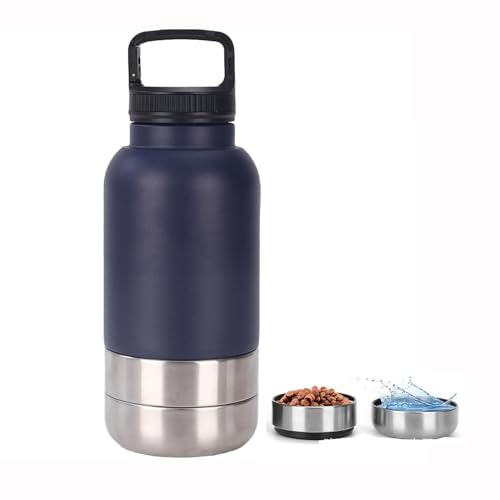 lmoikesz Travel Dog Water Bottle Bowl, 907.2 g 3-in-1 Insulated Stainless Steel Portable Dog Bowl for Hiking Camping, 3 Layers Detachable Leakproof Pet Water Dispenser with Handle (Dark Blue, 907.2 g) von lmoikesz