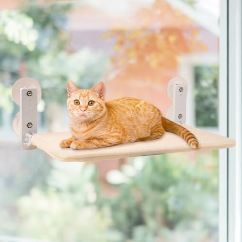 Faltbare Katzenhängematte für Fenster, schnurlos, maschinenwaschbar, robuster Metallrahmen, Katzenfensterstange für große Katzen und Kätzchen, beige, atmungsaktives Netztuch (S 45,7 cm) von longjunjunfashion