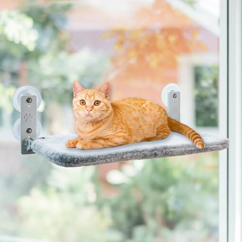 Faltbare Katzenhängematte für Fenster - Kabellos, Maschinenwaschbar, Robuster Metallrahmen, Katzenfensterstange für große Katzen und Kätzchen (Imitation Kaninchen Plüsch (L 53,3 cm) von longjunjunfashion