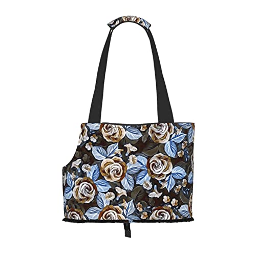 Florale Blaue Rose Vintage-Blume, weiche Seiten-Reise-Haustier-Tragetasche, Handtasche, tragbare kleine Haustier-Tragetasche, Umhängetasche von losolese