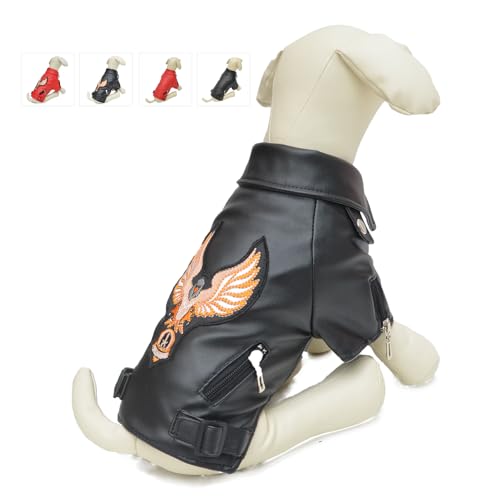 Lovelonglong Coole Hunde-Lederjacke, warme Mäntel, winddicht, kaltes Wetter, Mäntel für große, mittelgroße und kleine Hunde, mit Adler-Stickerei, Schwarz, Größe XL von lovelonglong