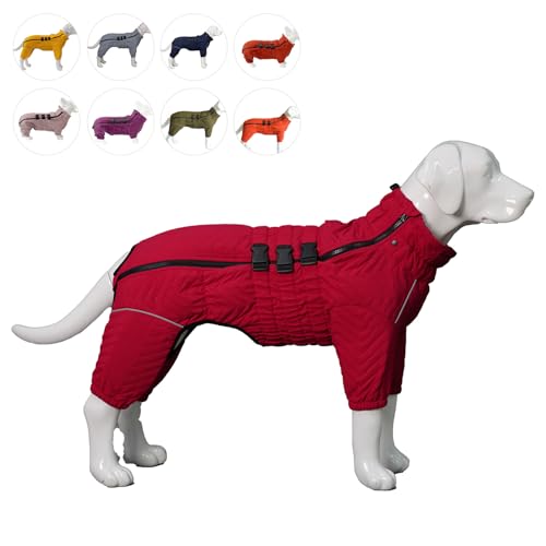 Warmer Hundemantel, doppellagig, 4 Beine, abgedeckt, winddicht, wasserdicht, reflektierend, warme Hundeweste, Outdoor-Skating-Hundekostüm für kleine, mittelgroße und große Hunde, Rot, Größe 5XL von lovelonglong