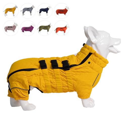 lovelonglong Warmer Hundemantel, doppellagig, Hundeweste, 4 Beine bedeckt, winddicht, wasserdicht, reflektierend, warme Hundeweste, Outdoor, Skaten, Hundekostüm für Corgis Dackel, Gelb, D-M von lovelonglong