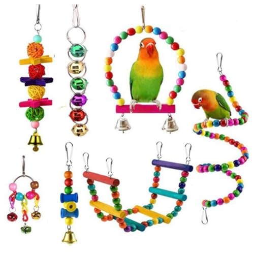 Verschiedene Spielzeuge für Papageien, 7er-Pack Spielzeugsets mit farbenfrohen Holzspielzeugen, die die Aufmerksamkeit der Vögel auf Sich ziehen (7) von lyrlody