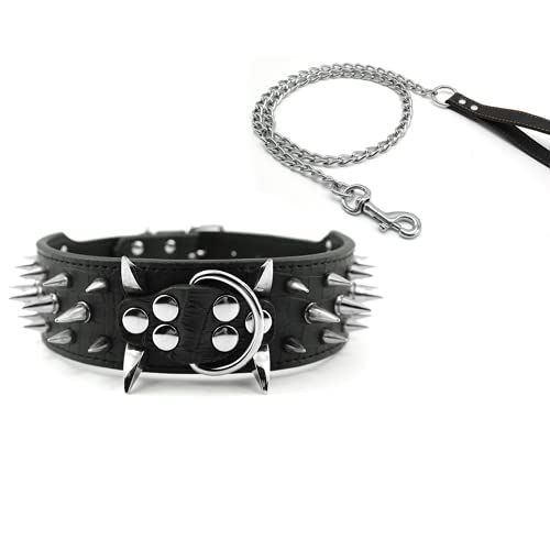 malyituk Hundehalsband, schwarzes Eisenkette, Leder, mit Nieten, breites Lederhalsband für mittelgroße und große Hunde, Größe L, 48–55 cm von malyituk
