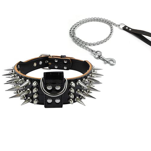 malyituk Hundehalsband mit langen Nägeln, schwarzes Leder, mit Nieten, breites Lederhalsband für mittelgroße und große Hunde (XL?53-60 cm) von malyituk