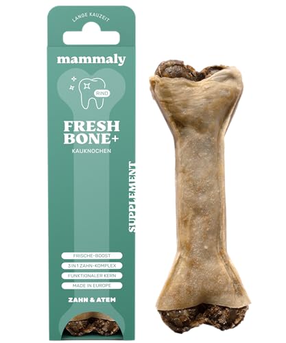 4-in-1 Zahnpflege-Kauknochen - Fresh Bone+ 1x Kauartikel (17cm) von mammaly - Kaustange aus Rinderhaut mit Salbei, Minze & Grüner Tee u.v.m. zur Mundhygiene - Kauspielzeug / -Knochen gegen Mundgeruch von mammaly