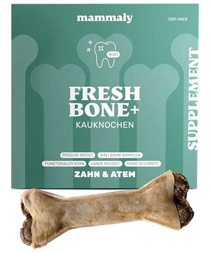 4-in-1 Zahnpflege-Kauknochen - Fresh Bone+ 5X Kauartikel (12cm) von mammaly - Kaustange aus Rinderhaut mit Salbei, Minze & Grüner Tee u.v.m. zur Mundhygiene - Kauspielzeug / -Knochen gegen Mundgeruch von mammaly