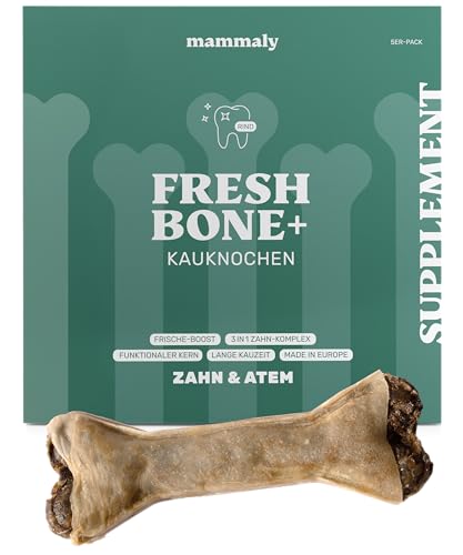 4-in-1 Zahnpflege-Kauknochen - Fresh Bone+ 5X Kauartikel (17cm) von mammaly - Kaustange aus Rinderhaut mit Salbei, Minze & Grüner Tee u.v.m. zur Mundhygiene - Kauspielzeug / -Knochen gegen Mundgeruch von mammaly