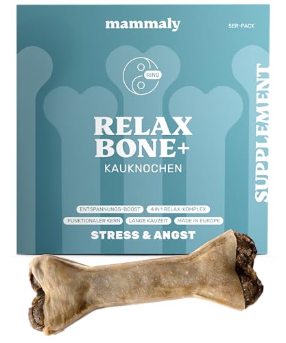 5-in-1 Entspannungs-Kauknochen - Relax Bone+ 5X Kauartikel (12cm) von mammaly - Kaustange aus Rinderhaut mit Kamille & Lavendel u. v. m. zur Beruhigung - Kauspielzeug / -Knochen als Beruhigungsmittel von mammaly
