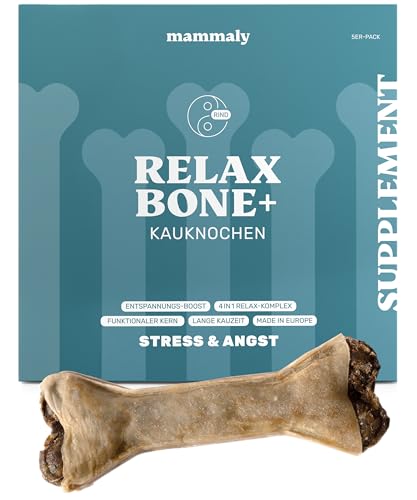 5-in-1 Entspannungs-Kauknochen - Relax Bone+ 5X Kauartikel (17cm) von mammaly - Kaustange aus Rinderhaut mit Kamille & Lavendel u. v. m. zur Beruhigung - Kauspielzeug / -Knochen als Beruhigungsmittel von mammaly