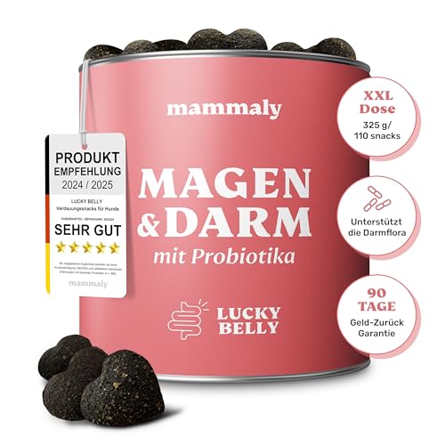 9-in-1 Probiotika-Komplex für Deinen Hund - Lucky Belly 110 Snacks (325g) von mammaly - Gras und Kotfresser Drops fördern die Darmregulierung und Verdauung - Verdauungssnacks für Hunde mit Vitamin E von mammaly