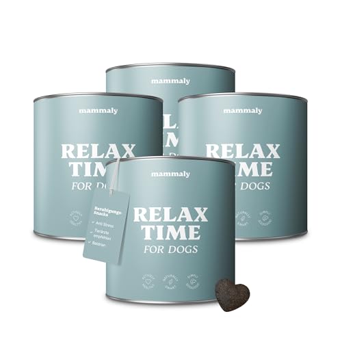 mammaly Relax Time Beruhigungsmittel für Hunde, Anti Stress Snack für Hunde mit Baldrian, Kamille & Probiotika unterstützt bei Stresssituationen, Angst, Nervosität, Hund Seelenruhe 1300g (4 x Dose) von mammaly