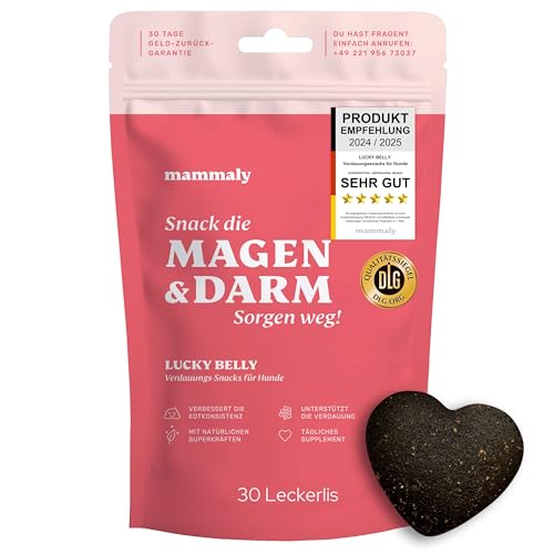 mammaly Lucky Belly Hundesnacks, Förderung der Darmgesundheit, fördert Verdauung, Präbiotika und Probiotika Hund, Heilmoor für Hunde, Magen-Darm-Beruhigung, Flohsamenschalen Hund - 110g Beutel von mammaly