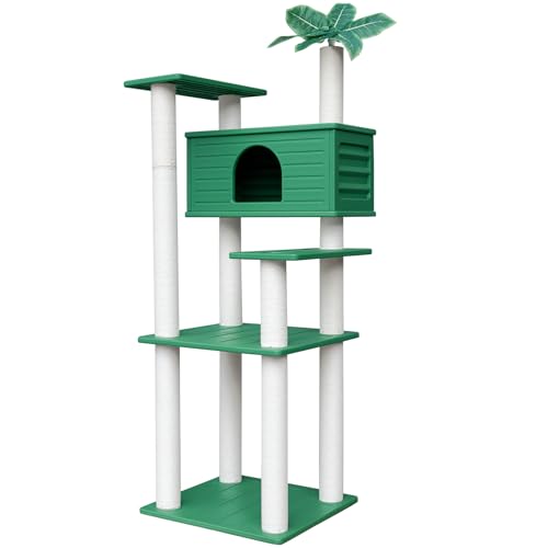 MAOHEGOU 66 Zoll hoher wetterfester Katzenbaum Turm für den Außenbereich, mehrstöckig, große Katzenhütte mit PVC-Platte und Katzenkratzbäumen, für draußen und drinnen von maohegou