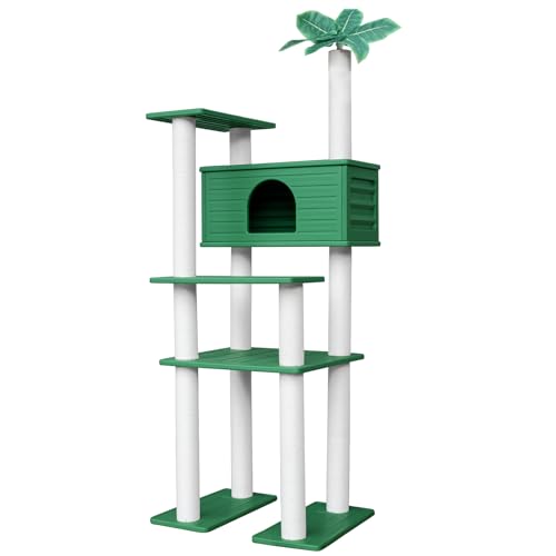 MAOHEGOU 70 Zoll hoher wetterfester Katzenbaum Turm für den Außenbereich, mehrstöckig, große Katzenhütte mit PVC-Platte und Katzenkratzbäumen, für draußen und drinnen von maohegou