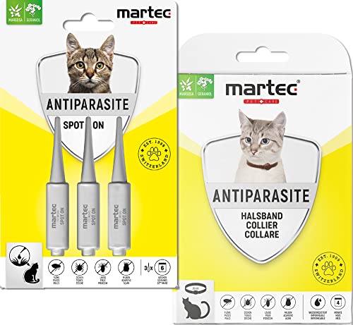 martec PET CARE 1x Katzenhalsband + Spot on für Katzen 1x3 Pipetten, Hochwirksam gegen Zecken Flöhe und Milben Schutz vor Parasiten, auf pflanzlicher Basis, wasserresistentes Halsband von martec PET CARE