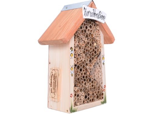 Wildbienenhotel Zur Wilden Biene aus Holz, Naturholz-Nisthilfe für Wildbienen mit Handbemalten Details, Nachhaltiges Insektenhotel Wildbienenhotel Zur Wilden Biene aus Holz, Naturholz-Nisthilfe für Wildbienen mit Handbemalten Details, Nachhaltiges Insektenhotel von meindekoartikel