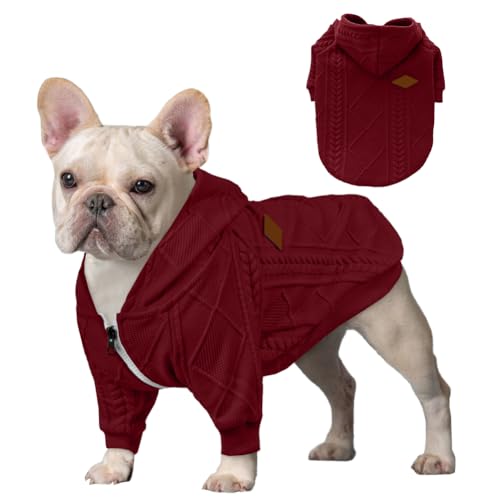 Meioro Reißverschluss Hund Pullover Mit Kapuze - Warme Haustier Kleidung für Katze und Welpen - Französische Bulldogge Winter Outfit (XL, Rot) von meioro