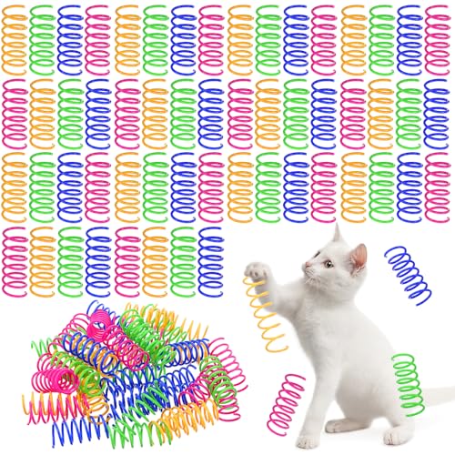 mekueeex Katzenfederspielzeug, Spiralspielzeug, interaktives Spielzeug für den Innenbereich, bunte Kunststofffedern, Spule für Kätzchen, Jagd, Klatschen, Beißen, 300 Stück von mekueeex