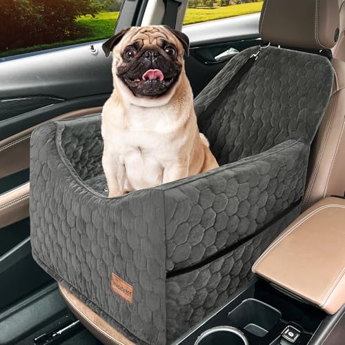 melafa365 Hundeautositz für kleine mittelgroße Hunde, Memory-Schaum, erhöhter Haustier-Autositz für Hunde bis zu 15,9 kg, mit waschbarem, abnehmbarem Bezug, Aufbewahrungstaschen (Grau) von melafa365