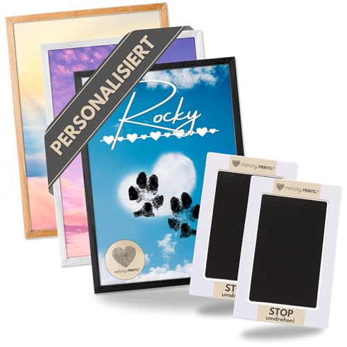 memoryPRINTS.® Pfotenabdruck Set Hund & Katze + Kunstdruck Poster personalisiert | Tintenfreie Hundepfoten & Katzen Pfoten | Geschenk Hundebesitzer (DIN A3, Himmel) von memoryPRINTS