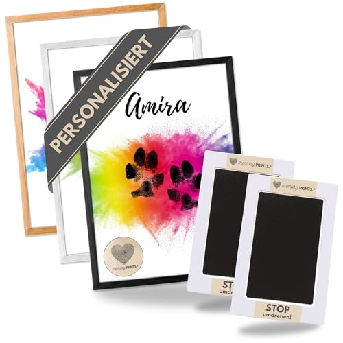 memoryPRINTS.® Pfotenabdruck Set Hund & Katze + Kunstdruck Poster personalisiert | Tintenfreie Hundepfoten & Katzen Pfoten | Geschenk Hundebesitzer (DIN A4, SPLASHS) von memoryPRINTS