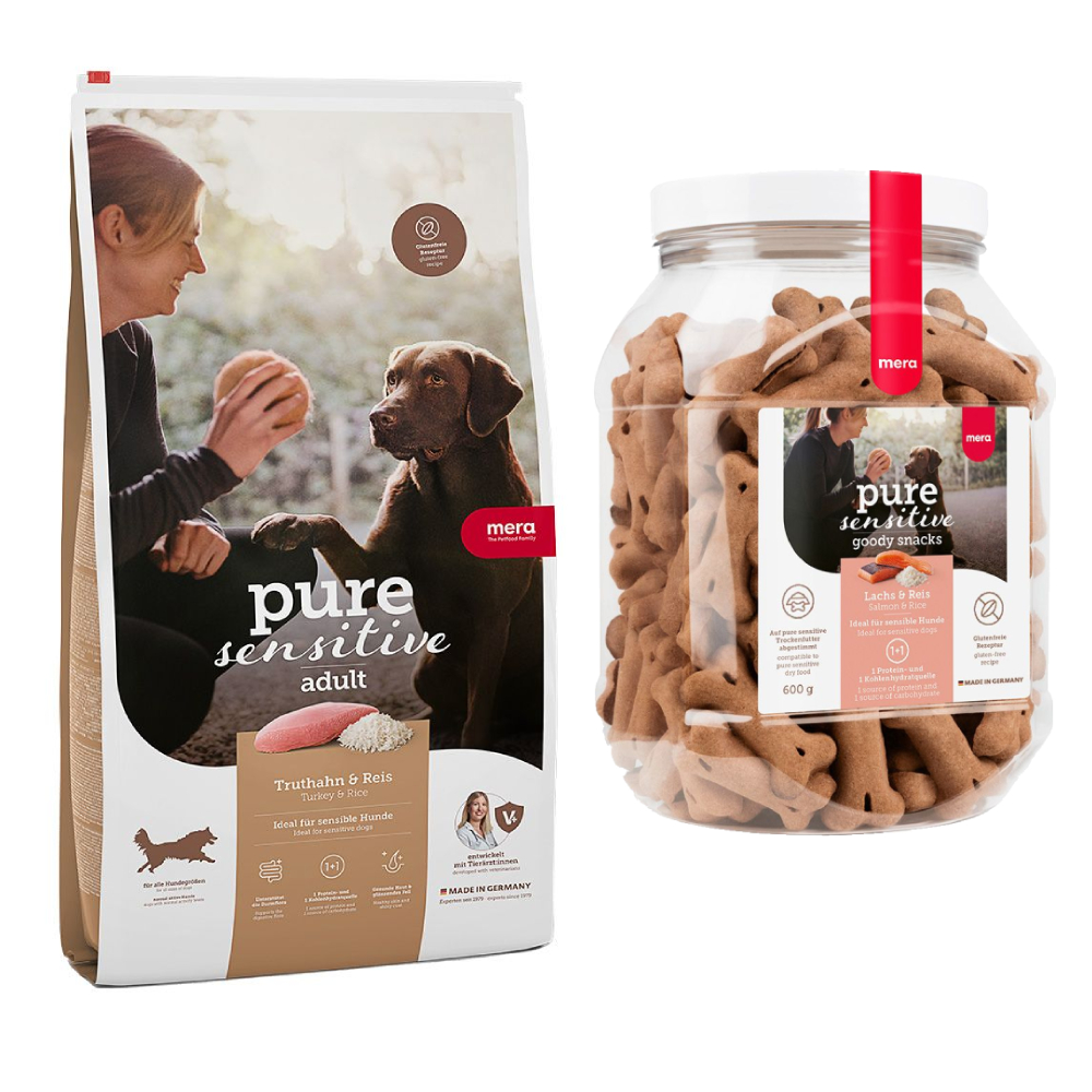 mera pure sensitive Kombi-Paket: 12,5 kg Trockenfutter + 3 x 600 g Goody Snacks - Adult Truthahn & Reis 12,5 kg + Goody Snacks Lachs & Reis 3 x 600 g von mera