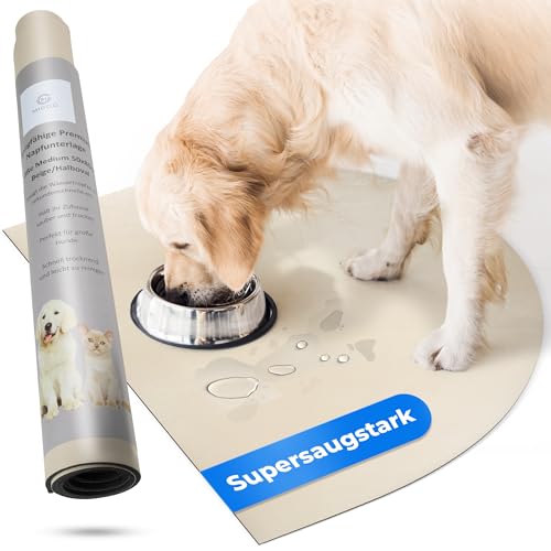 Miggo® Saugfähige Premium Napfunterlage Katze Hund Halbrund 70x100 cm Beige Futtermatte Futterunterlage Hundenapf, Fressnapf Katze, rutschfeste Unterlage, Für Futter, Wasser, Brunnen, Kunstleder XXL von miggo