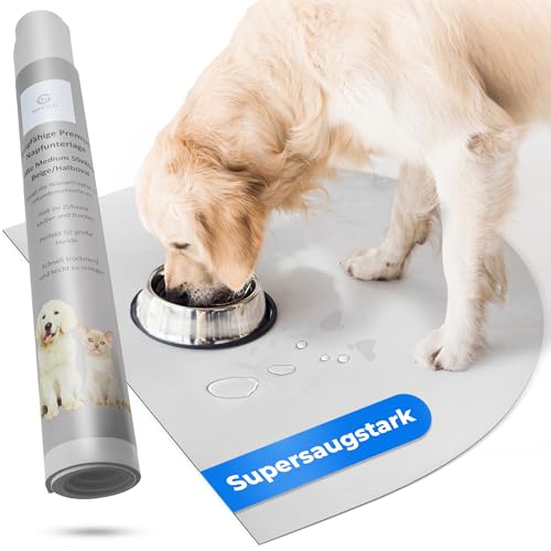 Miggo® Saugfähige Premium Napfunterlage Katze und Hund Halbrund 40x50 cm Grau Futtermatte, Futterunterlage Hundenapf, Fressnapf Katze, rutschfeste Unterlage, Für Futter,Wasser,Brunnen Kunstleder von miggo