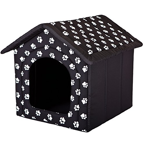 millybo Hundehöhle Hundebett Hundehaus Hundehütte R1-R6 (R2 (44 x 38 cm), schwarz mit Muster (Pfötchen)) von millybo