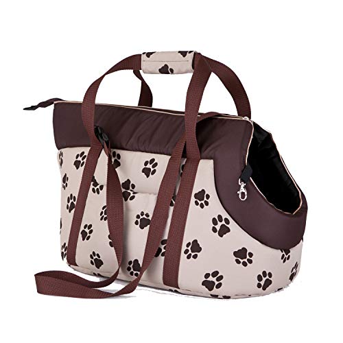 millybo Transporttasche für Hunde Katzen Tragetasche Transportbox Hundetasche (R1 (20 x 36 cm), beige mit Muster (Pfötchen)) von millybo