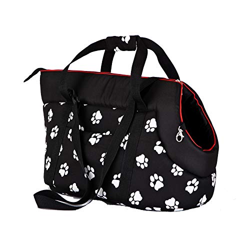 millybo Transporttasche für Hunde Katzen Tragetasche Transportbox Hundetasche (R1 (20 x 36 cm), schwarz mit Muster (Pfötchen)) von millybo
