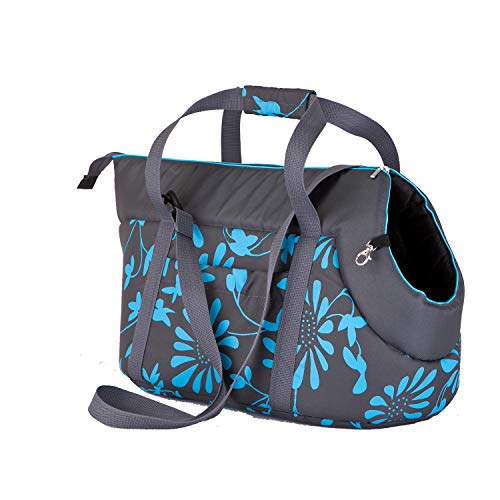 millybo Transporttasche für Hunde Katzen Tragetasche Transportbox Hundetasche (R2 (25 x 43 cm), grau mit blauen Blumen) von millybo
