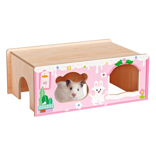 mini&moe Mehrkammer-Hamsterversteck - Naturholz-Bau Meerschweinchenversteck mit Fenstern & Dachplattform, Kleintierunterstand für Zwerg/Syrenhamster, Mäuse von mini&moe