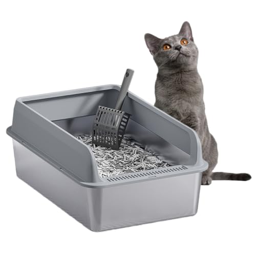 Edelstahl-Katzentoilette mit Deckel, geschlossene hohe Seiten, Metall-Katzentoilette für extragroße Katzen, Anti-Auslauf, antihaftbeschichtet, einfache Reinigung, inklusive Schaufel von mirpsen