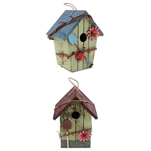 misppro 2 x handbemaltes Vogelhaus aus Holz mit Juteschnur für Zuhause, Außenbereich, Garten, Dekoration von misppro