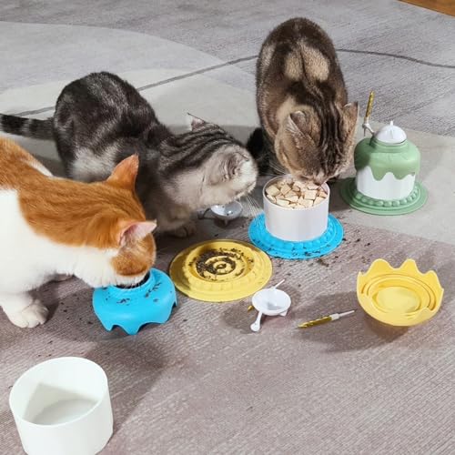 Miwoowim Das Katzen-Geburtstagskuchenschüssel-Set enthält eine Leckerli-Schale, einen Katzenfutter-Schüssel und einen Katzendosendeckel (blau) von miwoowim