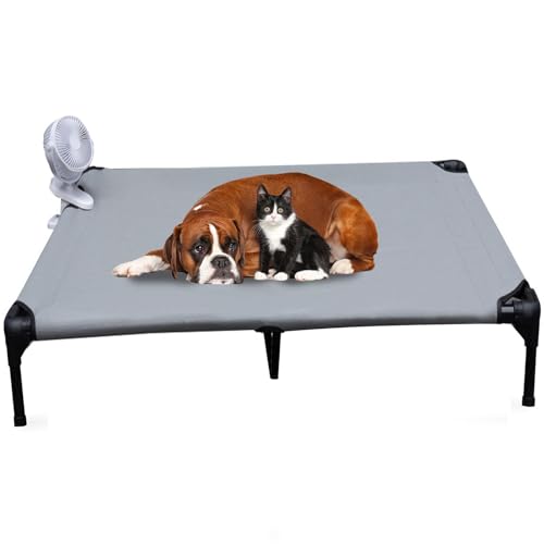 mocobd Kühlendes erhöhtes Hundebett für extra große Hunde, erhöhte Hundehängematte, außerhalb des Bodens, Außenhundebett für drinnen und draußen, 15,2 cm tragbarer Ventilator mit Clip, umwandelbarer von mocobd
